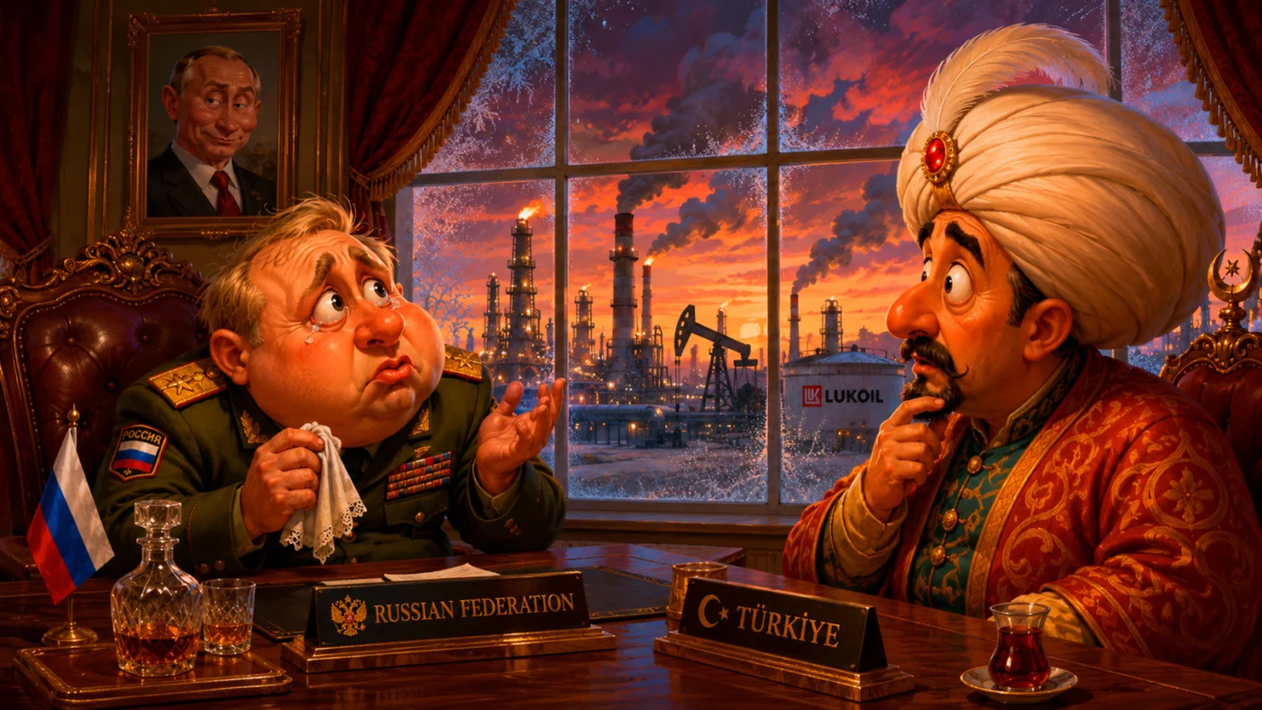 Satirisk illustration til artiklen “Rusland opdager chokerende nok, at krig også kan gå den anden vej”, med heavy coastal wind and dramatic clouds i