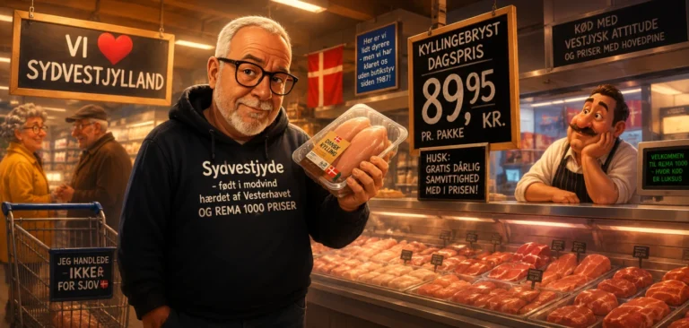 Satirisk illustration til artiklen “Dyrevelfærd er vigtigt – men frikadellerne skal også kunne betales”, med heavy coastal wind and dramatic clouds i