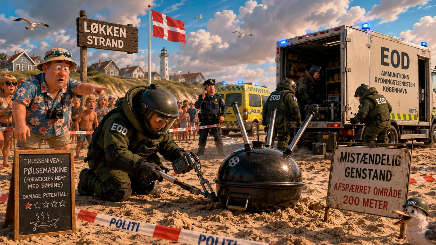 Satirisk illustration til artiklen “Internationalt minedrama på Løkken Strand: Det var en kuglegrill”, med a frustrated Danish local reacting to absurd