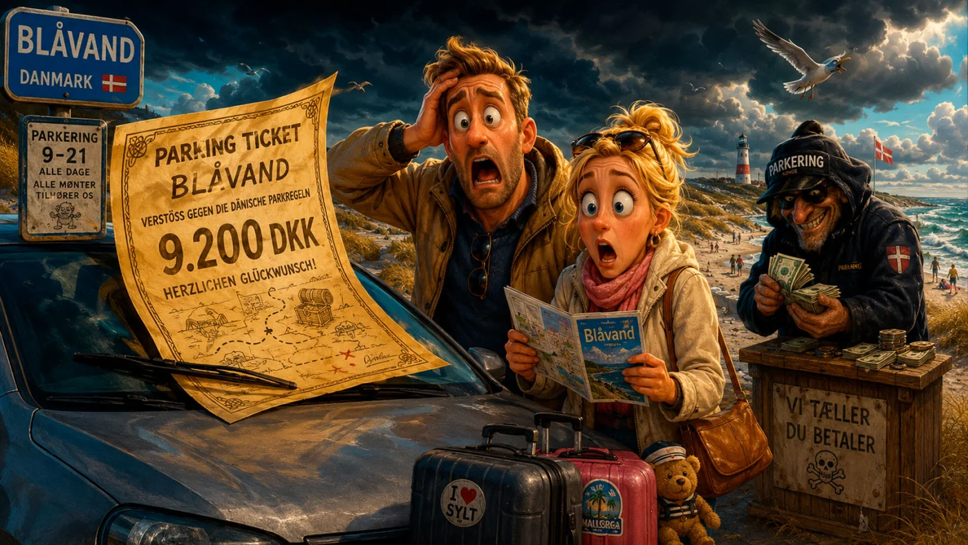 Satirisk illustration til artiklen “Velkommen til Blåvand – hvor parkeringspladsen er den dyreste turistattraktion”, med heavy coastal wind and dramatic